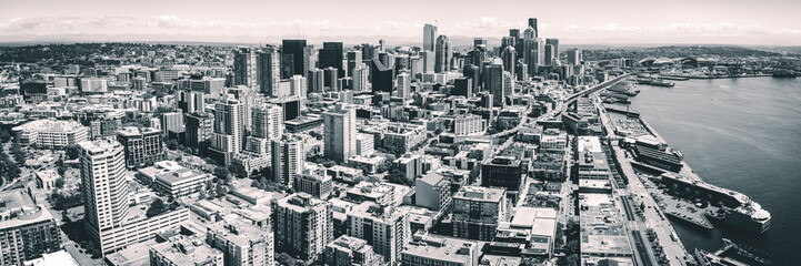 Black and White Seattle Waterfront Aerial Panorama