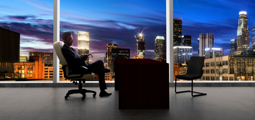 Businessman with an empty chair waiting for a late client in city of LA