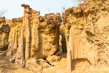 Soil erosion in different shapes, cave, curtain, pagoda and pillars, a natural phenomenon at Sri Nan National Park in Nan province, northern Thailand, Asia.