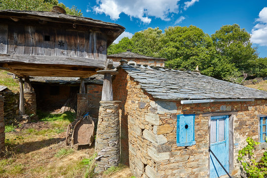 Traditional stone construction village with horreo storage in Asturias