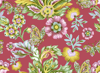 Seamless pattern with abstract fantasy flowers and leaves Paisley and Butterfly or Damask jacobean style Watercolor Gouache