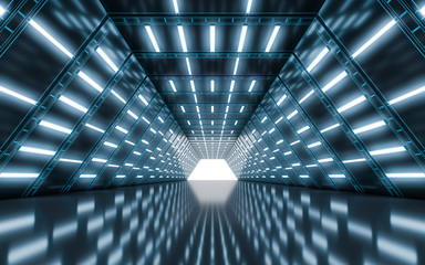 Illuminated corridor tunnel with light. 3d rendering