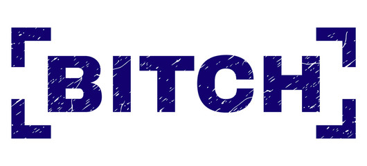 BITCH tag seal print with distress texture. Text tag is placed between corners. Blue vector rubber print of BITCH with scratched texture.