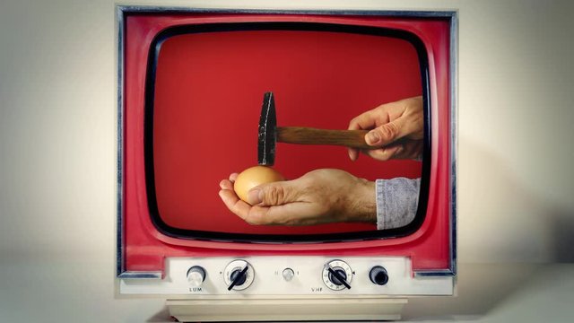A retro vintage TV showing two ways to break an egg: with another one; with a hammer. Red background.