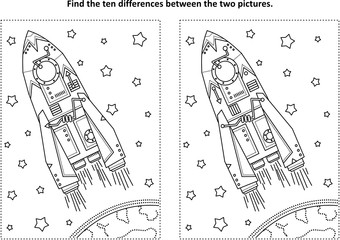 Space exploration themed find the ten differences picture puzzle and coloring page with rocket or spaceship, Earth and stars.

