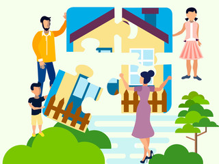The family collects a puzzle, a symbol of family comfort, hearth. Four parts of the house. Flat in minimalist style. Cartoon Vector