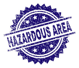 HAZARDOUS AREA stamp seal watermark with distress style. Blue vector rubber print of HAZARDOUS AREA tag with retro texture.