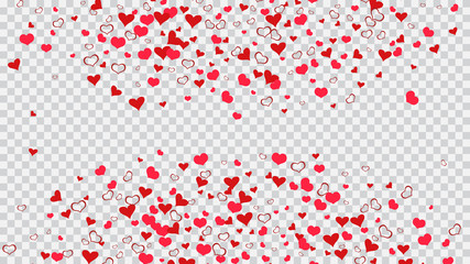 Light background. Design element for wallpaper, textiles, packaging, printing, holiday invitation for wedding. Red hearts of confetti are flying. Red on Transparent background Vector.
