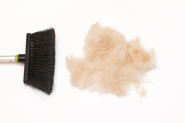 Concept of cleaning wool in the house. Brush and wool on a white background