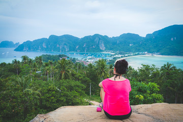 Woman on Beautiful Tropical Beach PP Island, Krabi, Phuket, Thailand blue ocean background girl items vacation accessories for holiday or long weekend a guide  choice idea for planning travel