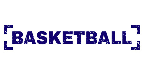 BASKETBALL caption seal print with distress texture. Text tag is placed between corners. Blue vector rubber print of BASKETBALL with dirty texture.