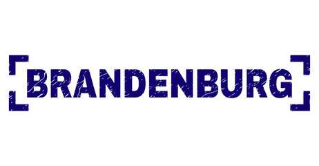 BRANDENBURG tag seal print with corroded texture. Text tag is placed between corners. Blue vector rubber print of BRANDENBURG with dirty texture.