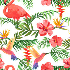 tropical pattern with flamingos, hummingbirds and palm leaves