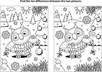 Winter holidays, New Year or Christmas themed find the ten differences picture puzzle and coloring page with owl holding glass beads garland for trimming the fir tree.
