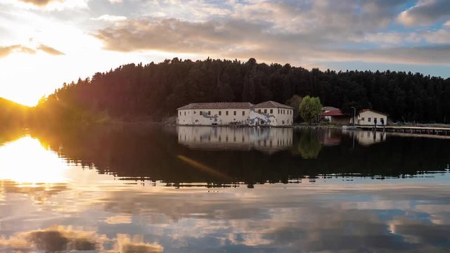 sunset time lapse of Byzantine St. Mary's Monastery on Zvernec Island in lagoon of Narta, Vlore, Albania 