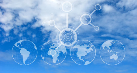 Cloud computing network concept. Data protection. Maps. North and South America, Africa, Australia. Mixed media
