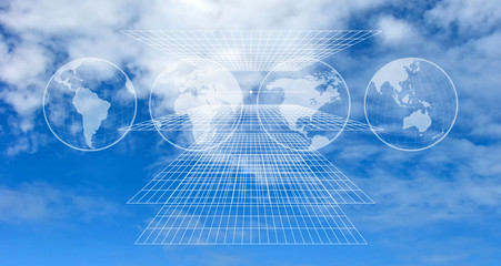 Cloud computing network concept. Data protection. Global cyber space network security concept. Database and servers. Big data processing. Maps. North and South America, Africa, Australia. Mixed media