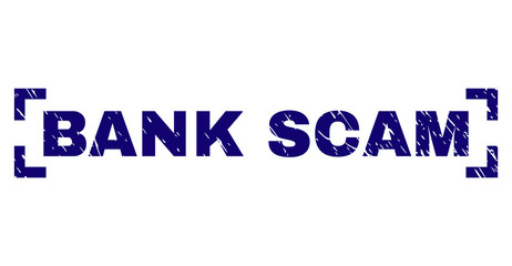 BANK SCAM label seal print with corroded texture. Text caption is placed inside corners. Blue vector rubber print of BANK SCAM with unclean texture.