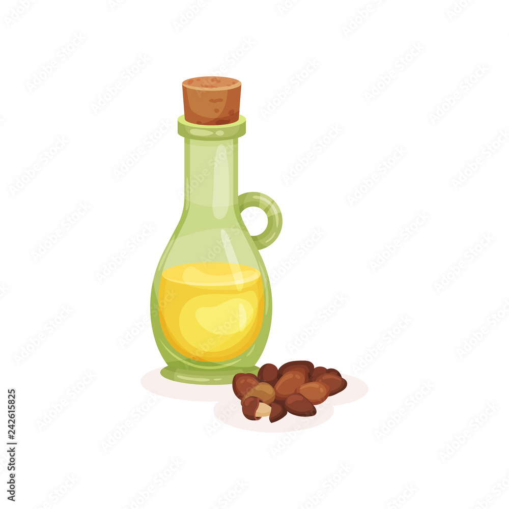 Canvas Prints Glass bottle of macadamia oil and heap of nuts. Natural product. Used for cooking food and cosmetics. Flat vector icon