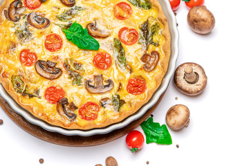 Baked homemade quiche pie in ceramic baking form