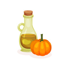 Bottle of fresh oil and ripe pumpkin. 100 organic product. Cooking ingredient. Detailed flat vector design