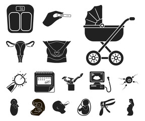Woman and pregnancy black icons in set collection for design. Gynecology and equipment vector symbol stock web illustration.