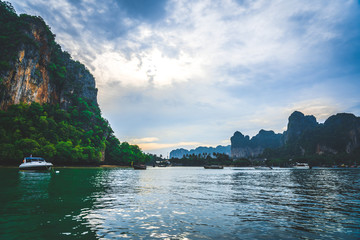 Take a longtail boat Sunshine at Sand and Sea Asia Beach PP Island, Krabi, Phuket,  Thailand Destinations Beautiful Tropical Ocean Summer view