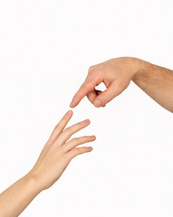 Male and female hands touching each other by index finger