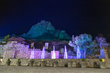 show lights and water funts PEÑA DE BERNAL- is a monolith in the Queretaro state of Mexico. -