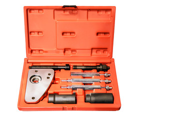 set of tools in a plastic box  isolated on white background