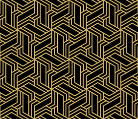 Abstract geometric pattern with stripes, lines. Seamless vector background. Gold and black ornament. Simple lattice graphic design