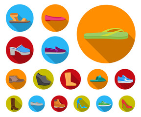 A variety of shoes flat icons in set collection for design. Boot, sneakers vector symbol stock web illustration.
