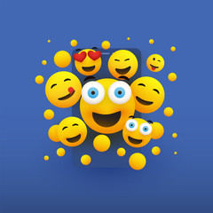 Naklejka premium Various Smiling Happy Yellow Emoticons in Front of a Smartphone Screen, Vector Concept Illustration 