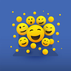 Various Smiling Happy Yellow Emoticons in Front of a Laptop Computer's Screen, Vector Concept Design 