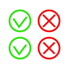 Green Check Mark and Red Cross in two variants (square and rounded corners) - thin line isolated vector illustration