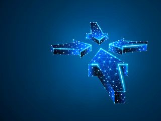 Arrows pointing in the middle. Business Technological success concept. Polygonal science Raster illustration. Neon Low poly. Connection wireframe mesh structure on dark blue background in RGB Color