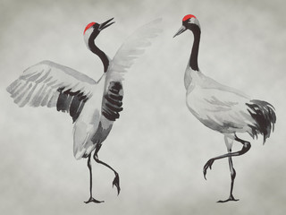 Japan traditional sumi-e painting. Fuji mountain, sakura, sunset. Japan sun. Indian ink illustration. Japanese picture.