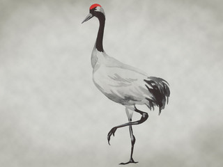 Japan traditional sumi-e painting. Fuji mountain, sakura, sunset. Japan sun. Indian ink illustration. Japanese picture.