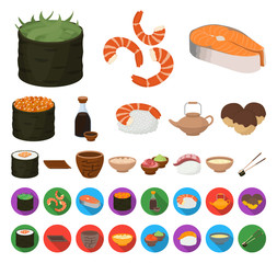 Sushi and seasoning cartoon,flat icons in set collection for design. Seafood food, accessory vector symbol stock web illustration.
