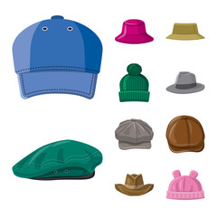 Vector illustration of headgear and cap symbol. Set of headgear and accessory vector icon for stock.