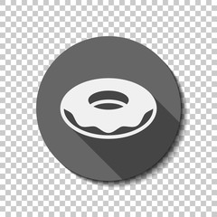 Donut, icon of food, side view. flat icon, long shadow, circle, transparent grid. Badge or sticker style