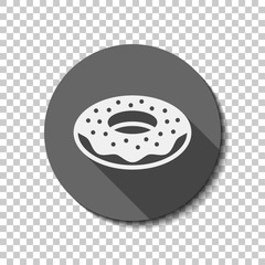 Donut, icon of food, side view. flat icon, long shadow, circle, transparent grid. Badge or sticker style