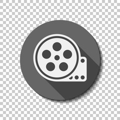 Film roll, old movie strip icon, cinema logo. flat icon, long shadow, circle, transparent grid. Badge or sticker style