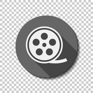 Film roll, old movie strip icon, cinema logo. flat icon, long shadow, circle, transparent grid. Badge or sticker style