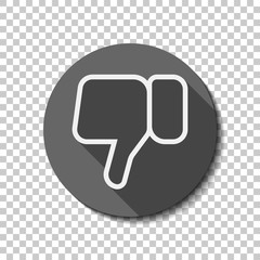 Hand with thumb down, dislike. Linear outline icon. flat icon, long shadow, circle, transparent grid. Badge or sticker style