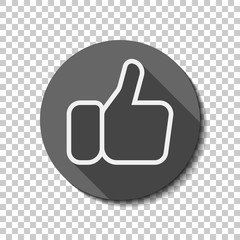 Hand with thumb up, like. Linear outline icon. flat icon, long shadow, circle, transparent grid. Badge or sticker style
