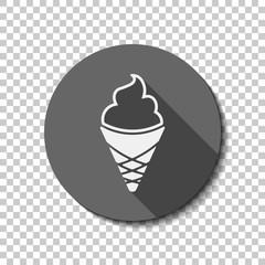 Ice cream in waffle cup. Simple icon. flat icon, long shadow, circle, transparent grid. Badge or sticker style