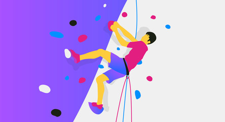 Vector image of silhouettes of a man climbing a steep slope on a climbing wall with insurance