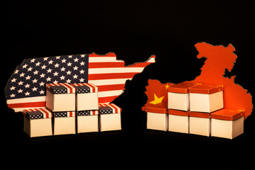 trade war between China and America, boxes on a black background