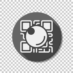 QR scanner, Scan by mobile camera, logo for app, icon with qrcode and lens. flat icon, long shadow, circle, transparent grid. Badge or sticker style